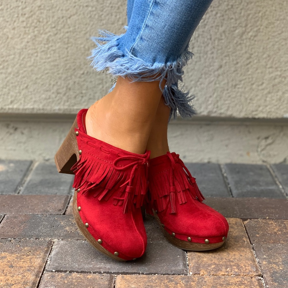 Ruby Red Fringe Tassel Studs Accent Mule Clog - Picture 5 of 8